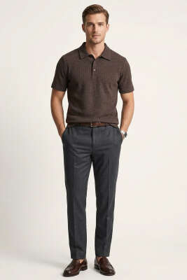 Waffle Kumaş Polo Yaka Erkek T-shirt Kahve - Erkek T-shirt