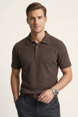 Waffle Kumaş Polo Yaka Erkek T-shirt Kahve - MARRAKECH