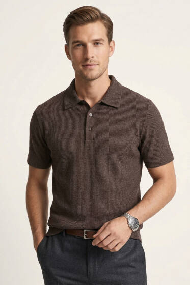 Waffle Kumaş Polo Yaka Erkek T-shirt Kahve - Erkek T-shirt