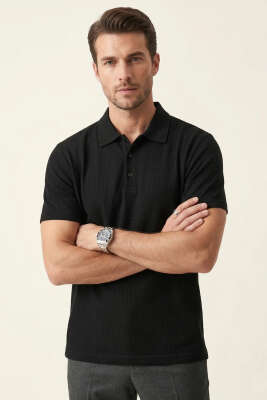 Waffle Kumaş Polo Yaka Erkek T-shirt Siyah 