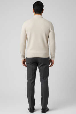 Waffle Kumaş Polo Yaka Fermuarlı Erkek Sweatshirt Bej - Erkek Sweatshirt