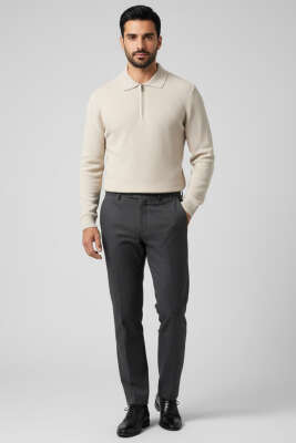 Waffle Kumaş Polo Yaka Fermuarlı Erkek Sweatshirt Bej - Erkek Sweatshirt