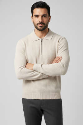 Waffle Kumaş Polo Yaka Fermuarlı Erkek Sweatshirt Bej - Erkek Sweatshirt