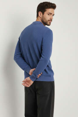 Waffle Kumaş Polo Yaka Fermuarlı Erkek Sweatshirt İndigo - Erkek Polo Yaka Tişört