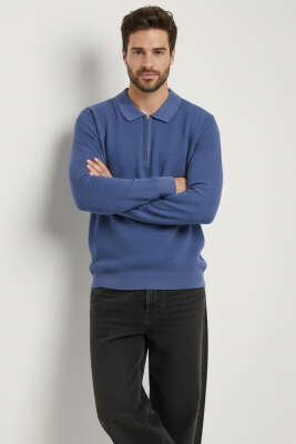Waffle Kumaş Polo Yaka Fermuarlı Erkek Sweatshirt İndigo 