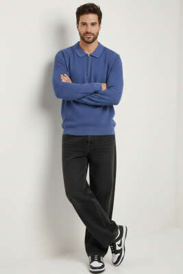 Waffle Kumaş Polo Yaka Fermuarlı Erkek Sweatshirt İndigo - Erkek Sweatshirt