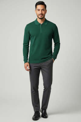 Waffle Kumaş Polo Yaka Fermuarlı Erkek Sweatshirt Nefti - Erkek Polo Yaka Tişört