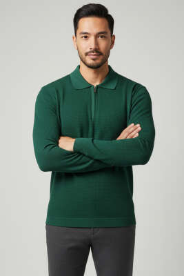 Waffle Kumaş Polo Yaka Fermuarlı Erkek Sweatshirt Nefti 