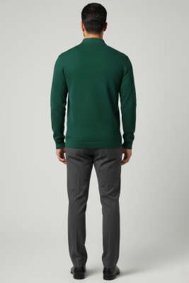 Waffle Kumaş Polo Yaka Fermuarlı Erkek Sweatshirt Nefti - Erkek Sweatshirt