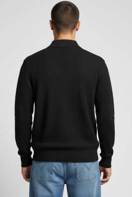 Waffle Kumaş Polo Yaka Fermuarlı Erkek Sweatshirt Siyah - Erkek Polo Yaka Tişört