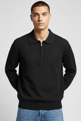 Waffle Kumaş Polo Yaka Fermuarlı Erkek Sweatshirt Siyah 