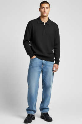 Waffle Kumaş Polo Yaka Fermuarlı Erkek Sweatshirt Siyah - Erkek Sweatshirt