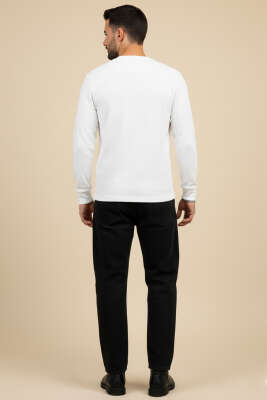 Waffle Kumaş Uzun Kollu Erkek Kazak Ekru - Yılın Fırsatı