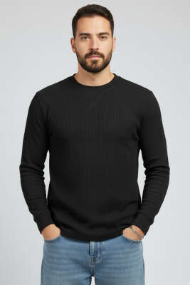 Waffle Kumaş Uzun Kollu Erkek Kazak Siyah - WOLEE