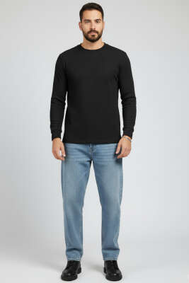 Waffle Kumaş Uzun Kollu Erkek Kazak Siyah - Erkek Kazak