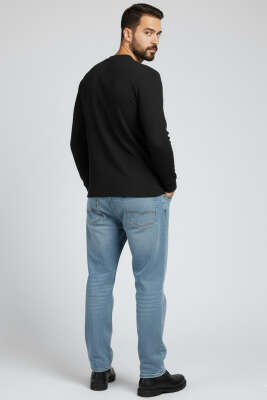 Waffle Kumaş Uzun Kollu Erkek Kazak Siyah - Erkek Kazak