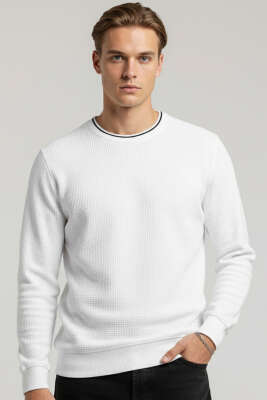 Waffle Nakışlı Triko Sweatshirt Beyaz - HİT TİME