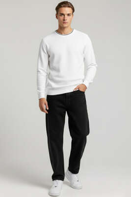 Waffle Nakışlı Triko Sweatshirt Beyaz - Erkek Sweatshirt