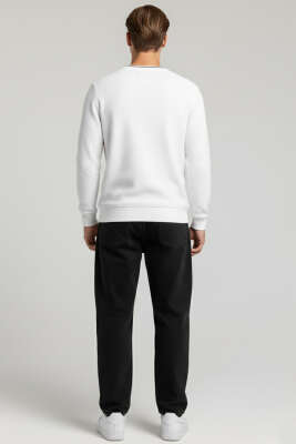 Waffle Nakışlı Triko Sweatshirt Beyaz - Erkek Sweatshirt