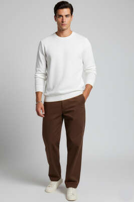 Waffle Nakışlı Triko Sweatshirt Ekru - Erkek Sweatshirt