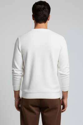 Waffle Nakışlı Triko Sweatshirt Ekru - Erkek Sweatshirt