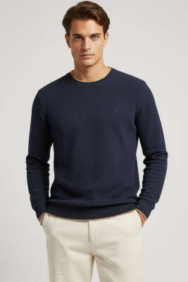 Waffle Nakışlı Triko Sweatshirt Lacivert - HİT TİME