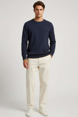 Waffle Nakışlı Triko Sweatshirt Lacivert - Erkek Sweatshirt