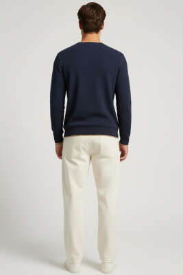 Waffle Nakışlı Triko Sweatshirt Lacivert - Erkek Sweatshirt