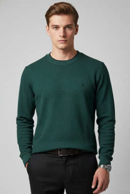 Waffle Nakışlı Triko Sweatshirt Nefti 