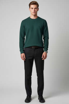 Waffle Nakışlı Triko Sweatshirt Nefti - Erkek Sweatshirt