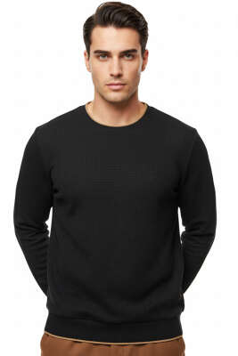 Waffle Nakışlı Triko Sweatshirt Siyah - HİT TİME