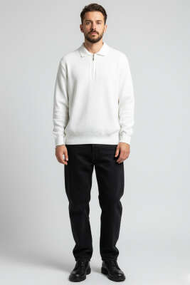 Waffle Polo Yaka Triko Erkek Kazak Ekru - Erkek Kazak