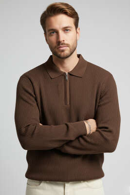 Waffle Polo Yaka Triko Erkek Kazak Kahve - WİPEOUT