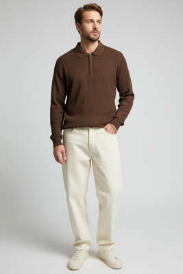 Waffle Polo Yaka Triko Erkek Kazak Kahve - Erkek Kazak