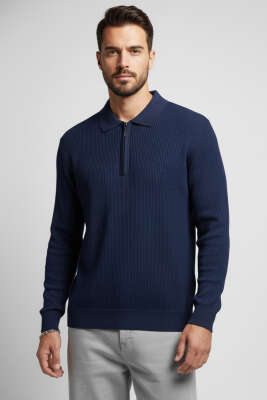 Waffle Polo Yaka Triko Erkek Kazak Lacivert 