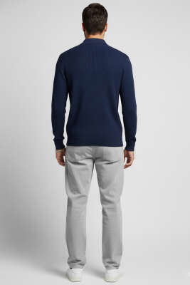 Waffle Polo Yaka Triko Erkek Kazak Lacivert - Erkek Kazak