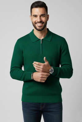 Waffle Polo Yaka Triko Erkek Kazak Nefti 