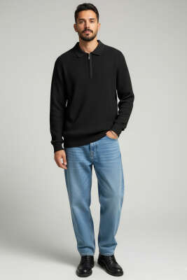 Waffle Polo Yaka Triko Erkek Kazak Siyah - Erkek Kazak