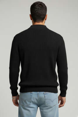 Waffle Polo Yaka Triko Erkek Kazak Siyah - Erkek Kazak