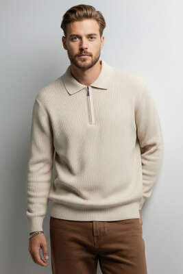 Waffle Polo Yaka Triko Erkek Kazak Taş 