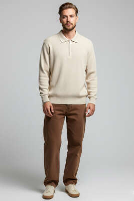 Waffle Polo Yaka Triko Erkek Kazak Taş - Erkek Kazak