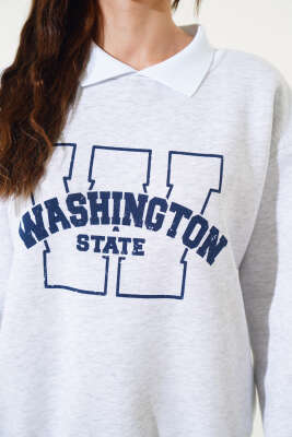 Washington Baskılı Üç İplik Sweatshirt Gri - Kadın Giyim Modelleri