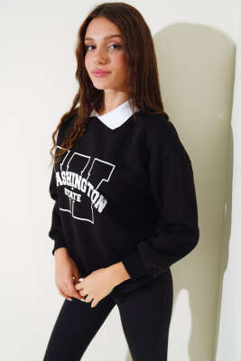Washington Baskılı Üç İplik Sweatshirt Siyah - Kadın Giyim Modelleri