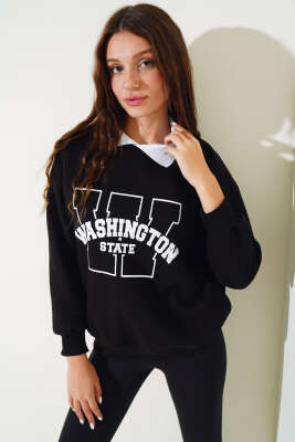 Washington Baskılı Üç İplik Sweatshirt Siyah 