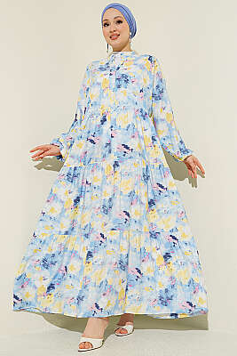 Watercolor Desen Hakim Yaka Elbise Mavi - NEVA MODA