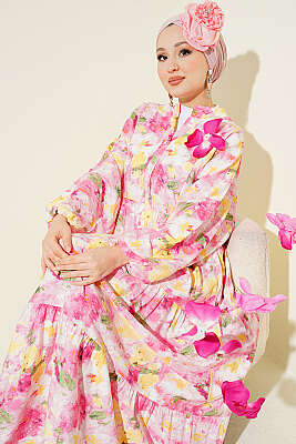 Watercolor Desen Hakim Yaka Elbise Pembe - NEVA MODA