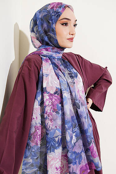 Watercolor Flower Desen Şal Lacivert - Başörtüsü