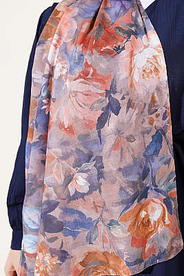 Watercolor Flower Desen Şal Mavi Somon - Başörtüsü