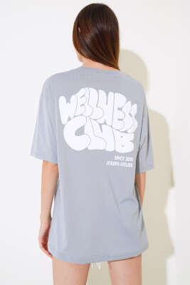 Wellhess Baskılı T-shirt Kayrak Grisi - Kadın Giyim Modelleri