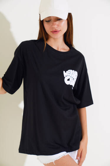Wellhess Baskılı T-shirt Siyah - Yeni Giyim